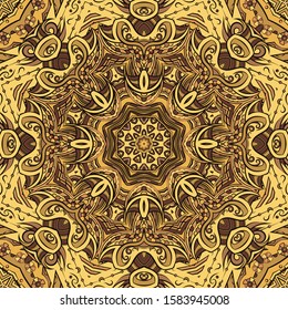 Seamless tracery tile mehndi design. Ethnic ornament, colorful doodle symmetry texture. Folk traditional spiritual tribal design. Curved doodling motif. Color art. Vector