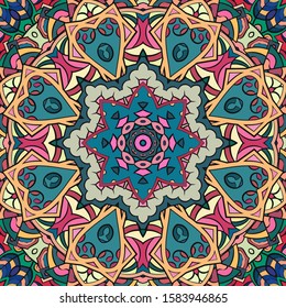 Seamless tracery tile mehndi design. Ethnic ornament, colorful doodle symmetry texture. Folk traditional spiritual tribal design. Curved doodling motif. Color art. Vector