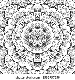 Seamless tracery tile mehndi design. Ethnic ornament, doodle symmetry texture. Folk traditional spiritual tribal design. Curved doodling motif. Binary monochrome black and white art. Vector
