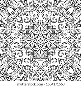 Seamless tracery tile mehndi design. Ethnic ornament, doodle symmetry texture. Folk traditional spiritual tribal design. Curved doodling motif. Binary monochrome black and white art. Vector