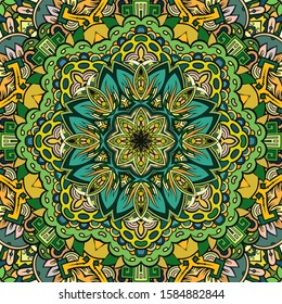 Seamless tracery tile mehndi design. Ethnic ornament, colorful doodle symmetry texture. Folk traditional spiritual tribal design. Curved doodling motif. Color art. Vector