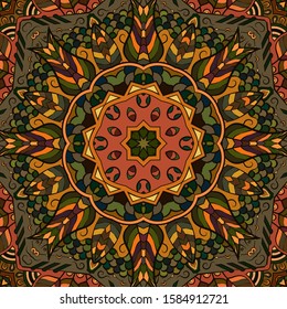 Seamless tracery tile mehndi design. Ethnic ornament, colorful doodle symmetry texture. Folk traditional spiritual tribal design. Curved doodling motif. Color art. Vector