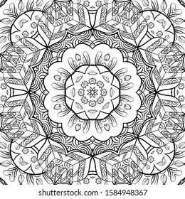 Seamless tracery tile mehndi design. Ethnic ornament, doodle symmetry texture. Folk traditional spiritual tribal design. Curved doodling motif. Binary monochrome black and white art. Vector