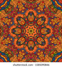 Seamless tracery tile mehndi design. Ethnic ornament, colorful doodle symmetry texture. Folk traditional spiritual tribal design. Curved doodling motif. Color art. Vector