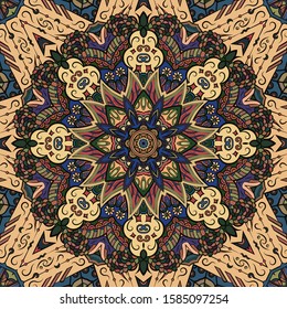 Seamless tracery tile mehndi design. Ethnic ornament, colorful doodle symmetry texture. Folk traditional spiritual tribal design. Curved doodling motif. Color art. Vector