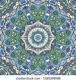 Seamless tracery tile mehndi design. Ethnic ornament, colorful doodle symmetry texture. Folk traditional spiritual tribal design. Curved doodling motif. Color art. Vector