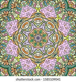 Seamless tracery tile mehndi design. Ethnic ornament, colorful doodle symmetry texture. Folk traditional spiritual tribal design. Curved doodling motif. Color art. Vector
