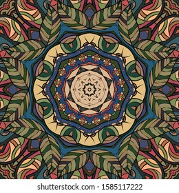 Seamless tracery tile mehndi design. Ethnic ornament, colorful doodle symmetry texture. Folk traditional spiritual tribal design. Curved doodling motif. Color art. Vector