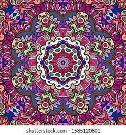 Seamless tracery tile mehndi design. Ethnic ornament, colorful doodle symmetry texture. Folk traditional spiritual tribal design. Curved doodling motif. Color art. Vector
