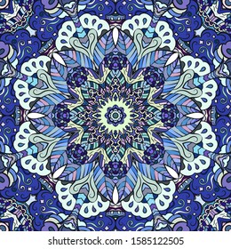 Seamless tracery tile mehndi design. Ethnic ornament, colorful doodle symmetry texture. Folk traditional spiritual tribal design. Curved doodling motif. Color art. Vector