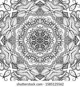 Seamless tracery tile mehndi design. Ethnic ornament, doodle symmetry texture. Folk traditional spiritual tribal design. Curved doodling motif. Binary monochrome black and white art. Vector