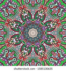 Seamless tracery tile mehndi design. Ethnic ornament, colorful doodle symmetry texture. Folk traditional spiritual tribal design. Curved doodling motif. Color art. Vector