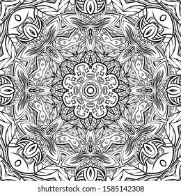 Seamless tracery tile mehndi design. Ethnic ornament, doodle symmetry texture. Folk traditional spiritual tribal design. Curved doodling motif. Binary monochrome black and white art. Vector