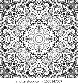 Seamless tracery tile mehndi design. Ethnic ornament, doodle symmetry texture. Folk traditional spiritual tribal design. Curved doodling motif. Binary monochrome black and white art. Vector