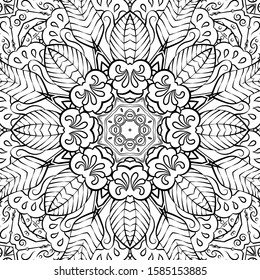 Seamless tracery tile mehndi design. Ethnic ornament, doodle symmetry texture. Folk traditional spiritual tribal design. Curved doodling motif. Binary monochrome black and white art. Vector