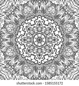 Seamless tracery tile mehndi design. Ethnic ornament, doodle symmetry texture. Folk traditional spiritual tribal design. Curved doodling motif. Binary monochrome black and white art. Vector