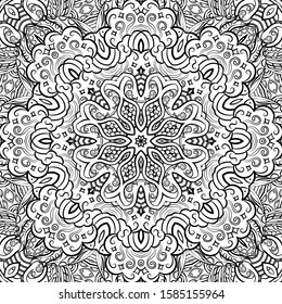 Seamless tracery tile mehndi design. Ethnic ornament, doodle symmetry texture. Folk traditional spiritual tribal design. Curved doodling motif. Binary monochrome black and white art. Vector