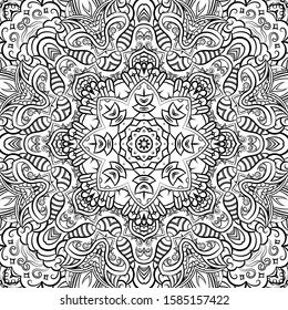 Seamless tracery tile mehndi design. Ethnic ornament, doodle symmetry texture. Folk traditional spiritual tribal design. Curved doodling motif. Binary monochrome black and white art. Vector