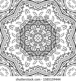 Seamless tracery tile mehndi design. Ethnic ornament, doodle symmetry texture. Folk traditional spiritual tribal design. Curved doodling motif. Binary monochrome black and white art. Vector