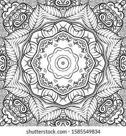 Seamless tracery tile mehndi design. Ethnic ornament, doodle symmetry texture. Folk traditional spiritual tribal design. Curved doodling motif. Binary monochrome black and white art. Vector