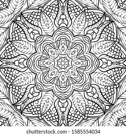 Seamless tracery tile mehndi design. Ethnic ornament, doodle symmetry texture. Folk traditional spiritual tribal design. Curved doodling motif. Binary monochrome black and white art. Vector
