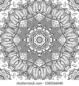 Seamless tracery tile mehndi design. Ethnic ornament, doodle symmetry texture. Folk traditional spiritual tribal design. Curved doodling motif. Binary monochrome black and white art. Vector