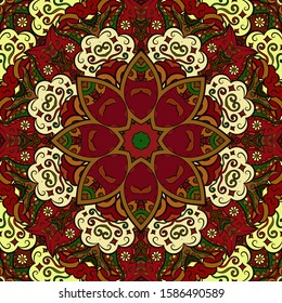 Seamless tracery tile mehndi design. Ethnic ornament, colorful doodle symmetry texture. Folk traditional spiritual tribal design. Curved doodling motif. Color art. Vector