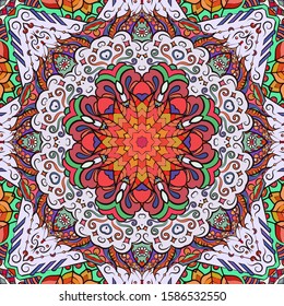 Seamless tracery tile mehndi design. Ethnic ornament, colorful doodle symmetry texture. Folk traditional spiritual tribal design. Curved doodling motif. Color art. Vector