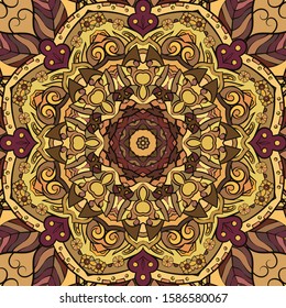 Seamless tracery tile mehndi design. Ethnic ornament, colorful doodle symmetry texture. Folk traditional spiritual tribal design. Curved doodling motif. Color art. Vector