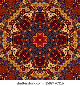 Seamless tracery tile mehndi design. Ethnic ornament, colorful doodle symmetry texture. Folk traditional spiritual tribal design. Curved doodling motif. Color art. Vector