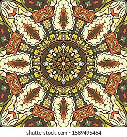 Seamless tracery tile mehndi design. Ethnic ornament, colorful doodle symmetry texture. Folk traditional spiritual tribal design. Curved doodling motif. Color art. Vector