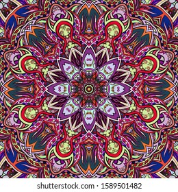 Seamless tracery tile mehndi design. Ethnic ornament, colorful doodle symmetry texture. Folk traditional spiritual tribal design. Curved doodling motif. Color art. Vector