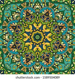 Seamless tracery tile mehndi design. Ethnic ornament, colorful doodle symmetry texture. Folk traditional spiritual tribal design. Curved doodling motif. Color art. Vector