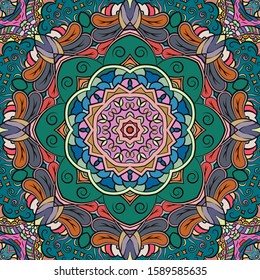 Seamless tracery tile mehndi design. Ethnic ornament, colorful doodle symmetry texture. Folk traditional spiritual tribal design. Curved doodling motif. Color art. Vector
