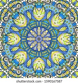 Seamless tracery tile mehndi design. Ethnic ornament, colorful doodle symmetry texture. Folk traditional spiritual tribal design. Curved doodling motif. Color art. Vector