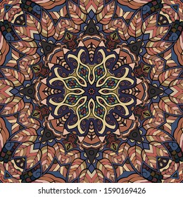 Seamless tracery tile mehndi design. Ethnic ornament, colorful doodle symmetry texture. Folk traditional spiritual tribal design. Curved doodling motif. Color art. Vector