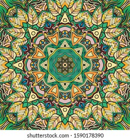 Seamless tracery tile mehndi design. Ethnic ornament, colorful doodle symmetry texture. Folk traditional spiritual tribal design. Curved doodling motif. Color art. Vector