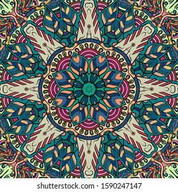 Seamless tracery tile mehndi design. Ethnic ornament, colorful doodle symmetry texture. Folk traditional spiritual tribal design. Curved doodling motif. Color art. Vector