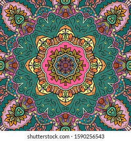 Seamless tracery tile mehndi design. Ethnic ornament, colorful doodle symmetry texture. Folk traditional spiritual tribal design. Curved doodling motif. Color art. Vector