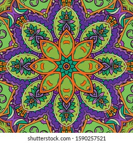 Seamless tracery tile mehndi design. Ethnic ornament, colorful doodle symmetry texture. Folk traditional spiritual tribal design. Curved doodling motif. Color art. Vector