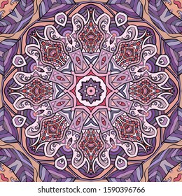 Seamless tracery tile mehndi design. Ethnic ornament, colorful doodle symmetry texture. Folk traditional spiritual tribal design. Curved doodling motif. Color art. Vector