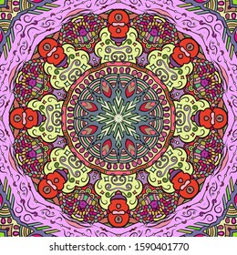 Seamless tracery tile mehndi design. Ethnic ornament, colorful doodle symmetry texture. Folk traditional spiritual tribal design. Curved doodling motif. Color art. Vector