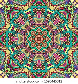 Seamless tracery tile mehndi design. Ethnic ornament, colorful doodle symmetry texture. Folk traditional spiritual tribal design. Curved doodling motif. Color art. Vector