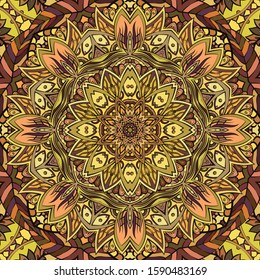 Seamless tracery tile mehndi design. Ethnic ornament, colorful doodle symmetry texture. Folk traditional spiritual tribal design. Curved doodling motif. Color art. Vector