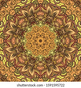 Seamless tracery tile mehndi design. Ethnic ornament, colorful doodle symmetry texture. Folk traditional spiritual tribal design. Curved doodling motif. Color art. Vector
