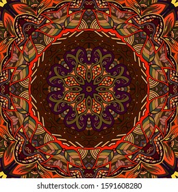 Seamless tracery tile mehndi design. Ethnic ornament, colorful doodle symmetry texture. Folk traditional spiritual tribal design. Curved doodling motif. Color art. Vector
