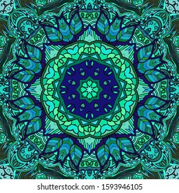 Seamless tracery tile mehndi design. Ethnic ornament, colorful doodle symmetry texture. Folk traditional spiritual tribal design. Curved doodling motif. Color art. Vector