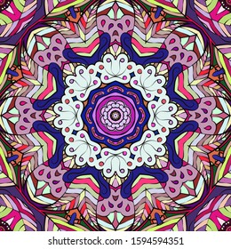 Seamless tracery tile mehndi design. Ethnic ornament, colorful doodle symmetry texture. Folk traditional spiritual tribal design. Curved doodling motif. Color art. Vector