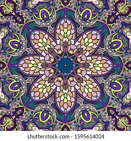 Seamless tracery tile mehndi design. Ethnic ornament, colorful doodle symmetry texture. Folk traditional spiritual tribal design. Curved doodling motif. Color art. Vector