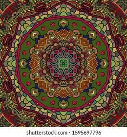 Seamless tracery tile mehndi design. Ethnic ornament, colorful doodle symmetry texture. Folk traditional spiritual tribal design. Curved doodling motif. Color art. Vector